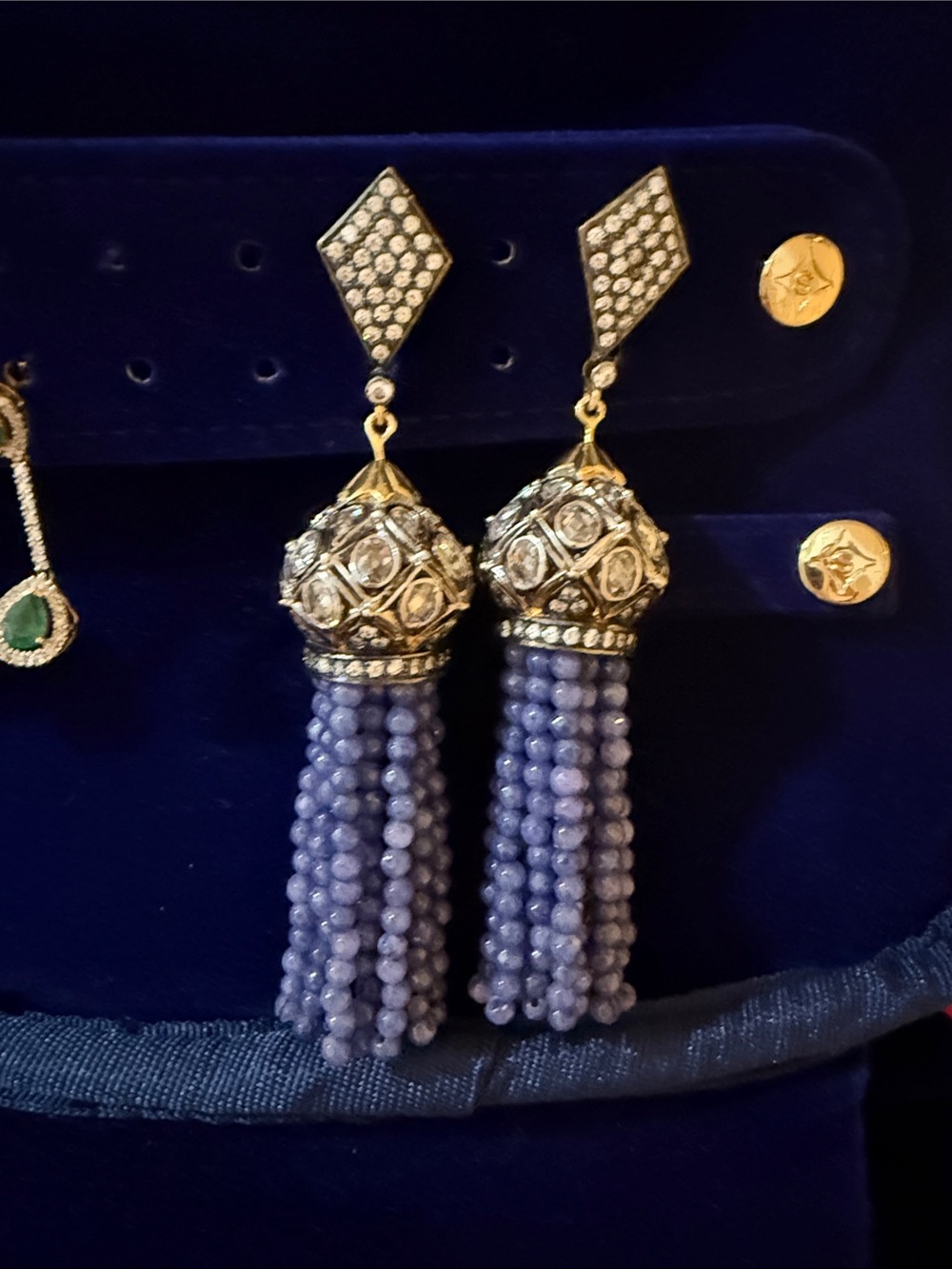 Gold-Tone Earrings with blue Beaded Tassels